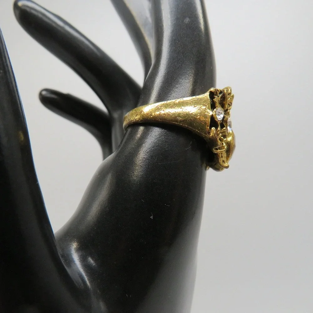 Vintage Gold Tone Rose Floral Cocktail Ring Amber Stone Rhinestone Size 9